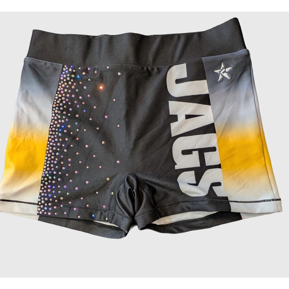 Top Gun AZ JAGS Cheer Shorts OAFAAF  Rebel AM Black Yellow Rhinestone Ombré